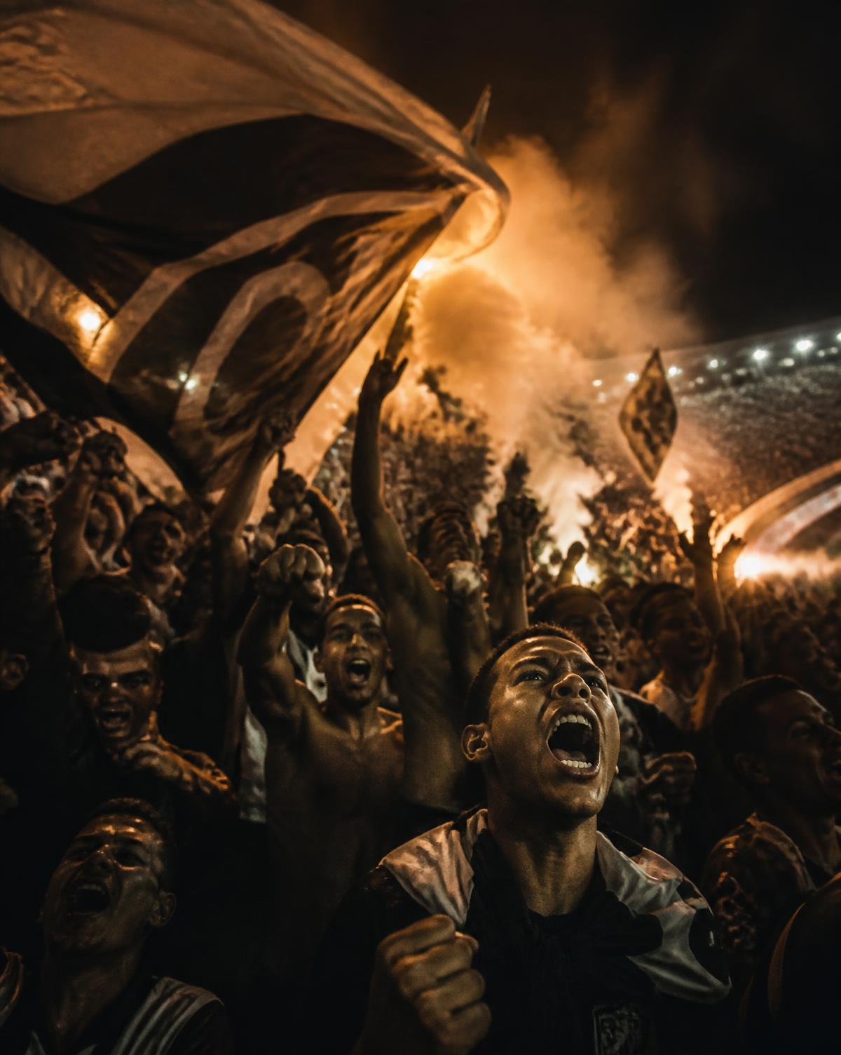 Brazilian supporters filling a stadium terrace at night