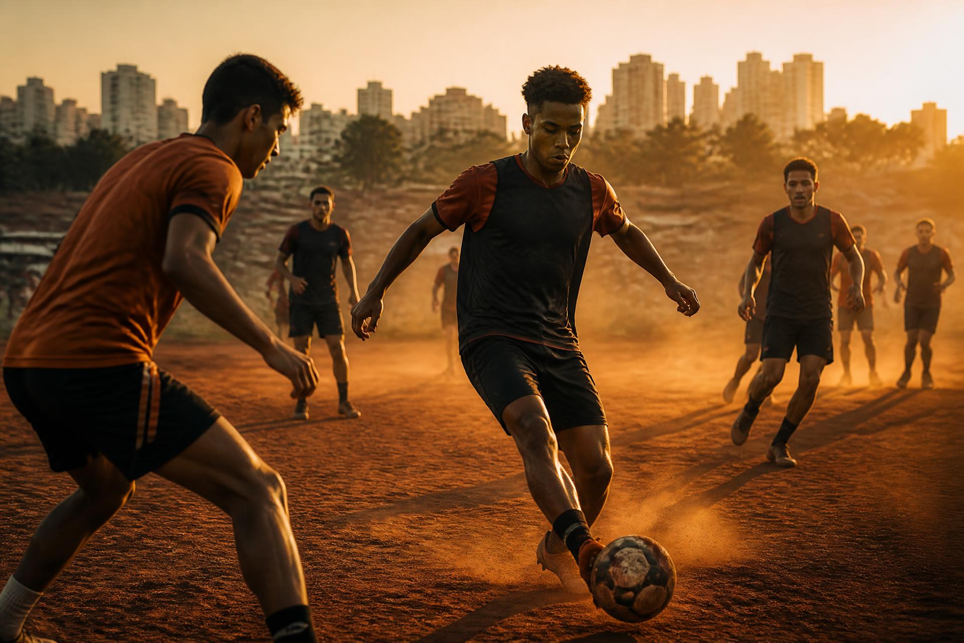 International players training together on a São Paulo pitch at golden hour