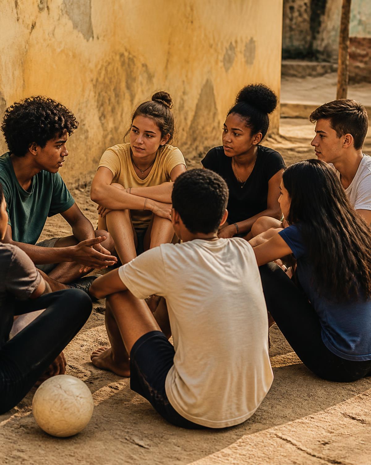 International students in conversation outdoors with a football beside them