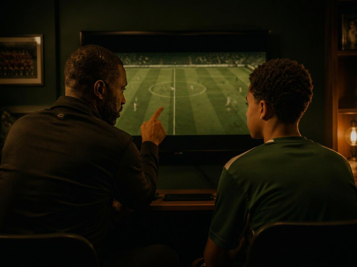 A coach and a young player reviewing tactical video analysis