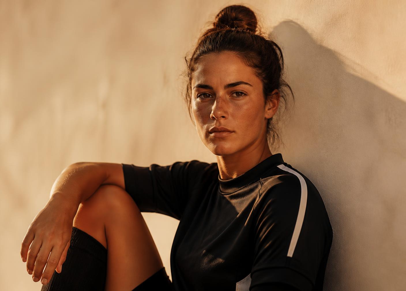 Female footballer resting against a sunlit wall in training kit